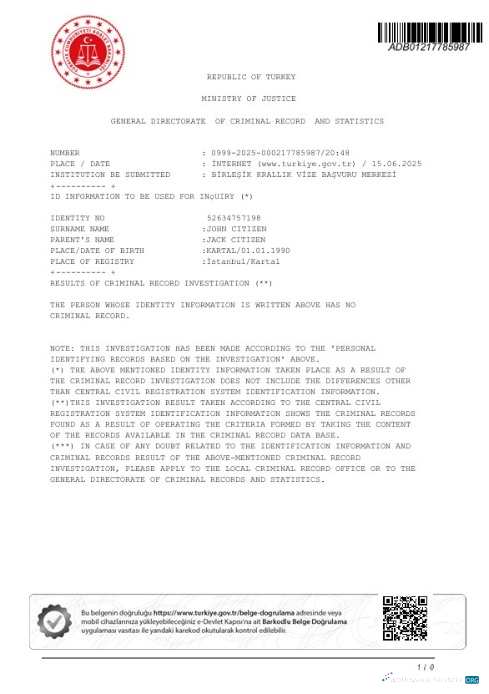 Download Turkey Ministry of Justice Criminal Record Certificate Photoshop template